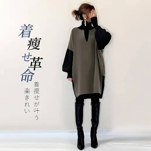 存在感抜群 配色 長袖 切り替え スタンドネック レイヤード / 重ね着風 カジュアルワンピース