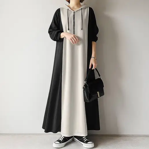 好評発売中 切り替え 配色 ストレート 長袖 フード付き シンプル ワンピース