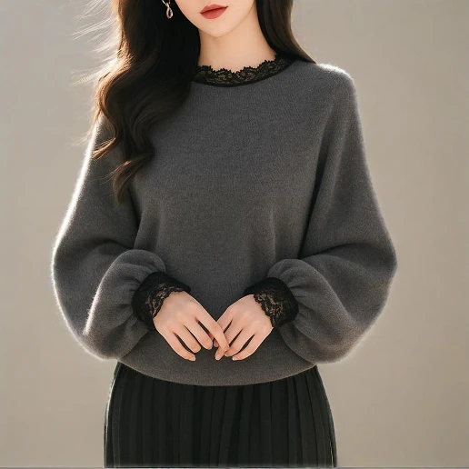 再入荷予定 新作発売！ 長袖 配色 レース 切り替え ランタンスリーブ ファッション ニットセーター