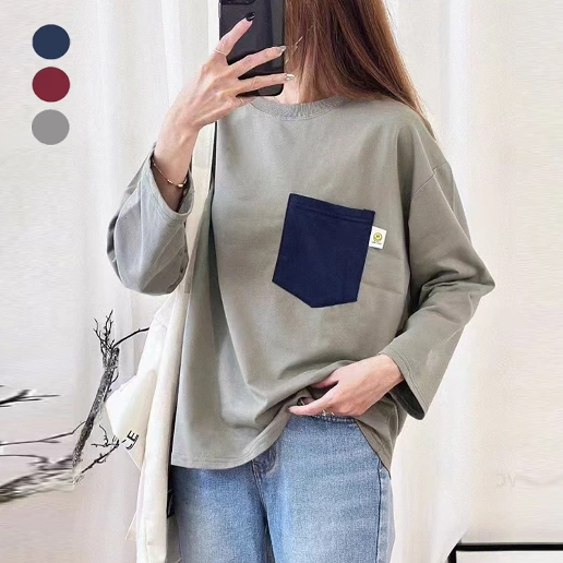 着回し力抜群 配色 ポケット付き 無地 ラウンドネック 長袖 Tシャツ