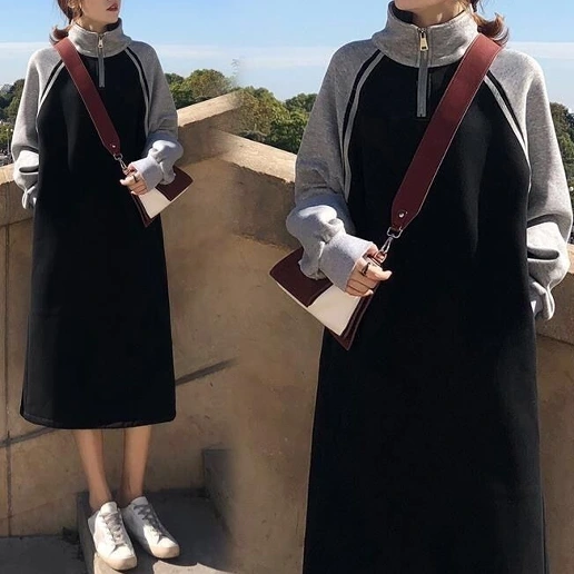 SNSで話題沸騰 配色 ストレート ファスナー 切り替え 長袖 カジュアルワンピース