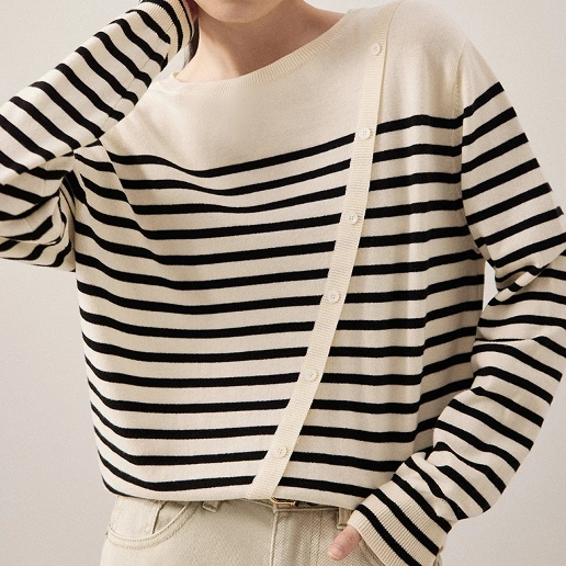 新発売！ 切り替え ボーダー ボタン ラウンドネック 長袖 カジュアル ニットセーター