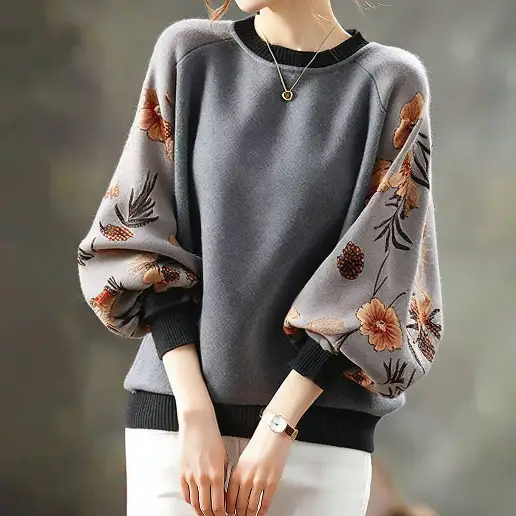 トレンドアイテム ラウンドネック 配色 長袖 ランタンスリーブ パターン フェミニン ニットセーター