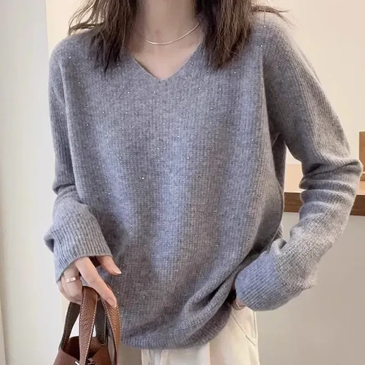 流行の予感 ニット 無地 長袖 Vネック スパンコール ニットセーター