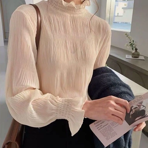 「見逃し厳禁」無地 ランタンスリーブ 長袖 ギャザー レース エレガント 長袖トップス シャツ