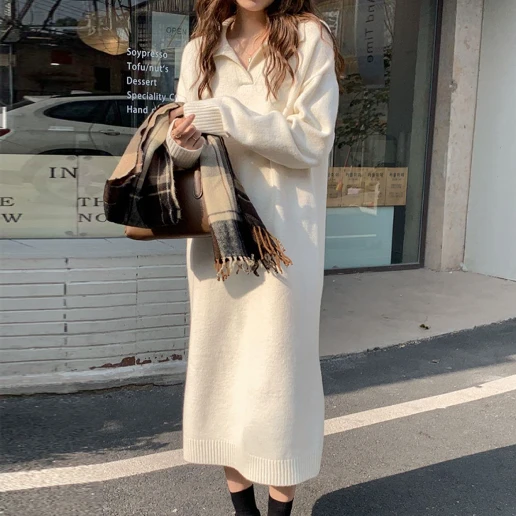 「ストレート」無地 長袖 すね丈 折り襟 ファッション 休日/外出 ニットワンピース